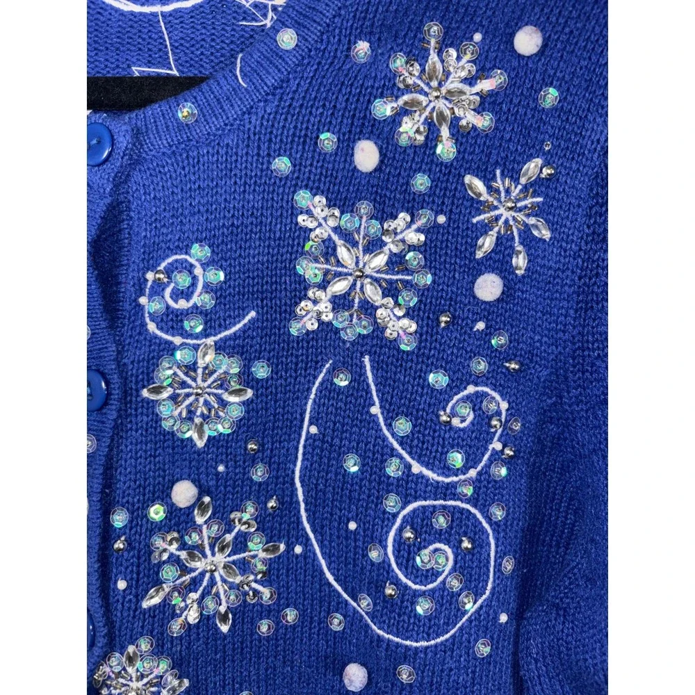 Kim Rogers Christmas Cardigan‎ Women Sz L Blue Santa Snowman Beaded Ugly Sweater